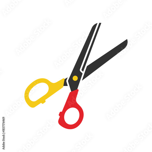Scissors with yellow and red handles ready for cutting paper or fabric.