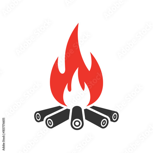 Simple campfire icon with red flames and black logs.