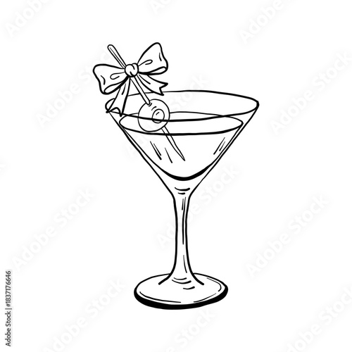 Whimsical valentine cocktail glass with bow and cherry, cute bachelorette party drink illustration for romantic designs