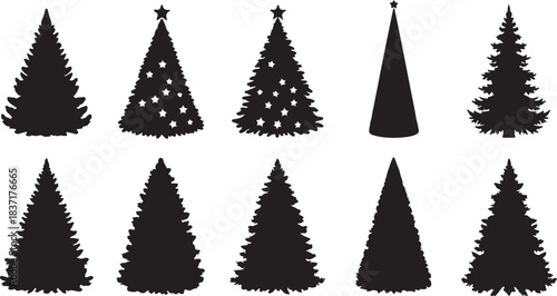 Collection of ten black Christmas tree silhouettes with various designs and decorations.