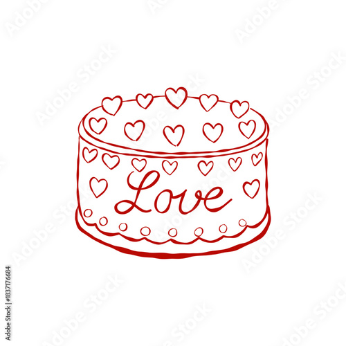 Whimsical valentine heart cake with love lettering, cute romantic dessert illustration for bachelorette party decorations
