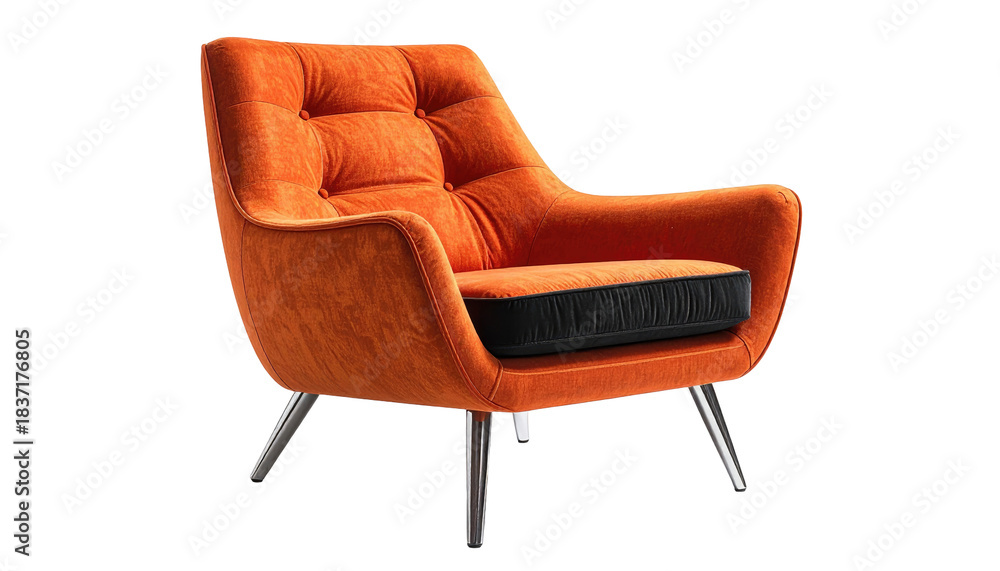 Fototapeta premium Vibrant orange armchair with button tufts and silver legs set against a black backdrop