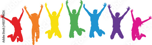 Colorful silhouettes of jumping people with reflections, ideal for diversity, unity, joy, or celebration-themed vector illustration content