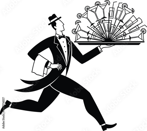 Dynamic black vector illustration of a running waiter wearing a top hat and tuxedo, swiftly carrying a huge fan-shaped tray of mixed alcoholic drinks, emphasizing quick service