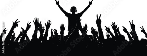 Concert crowd and DJ silhouette with raised hands and peace signs, perfect for music, 