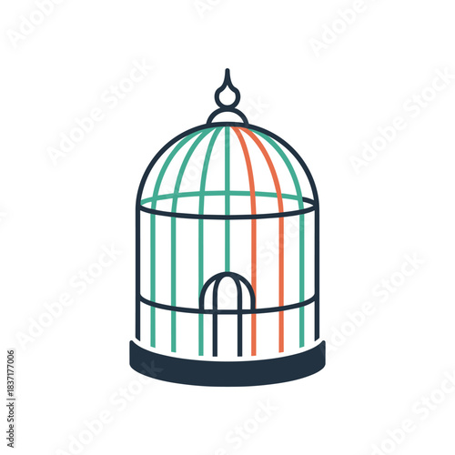 Stylized Birdcage Illustration with Green and Red Accents.
