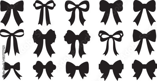 A collection of various black bow silhouettes, perfect for decorative designs and gift wrapping and holiday embellishments.