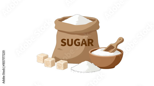 Sugar Bag and Bowl Illustration with Wooden Scoop