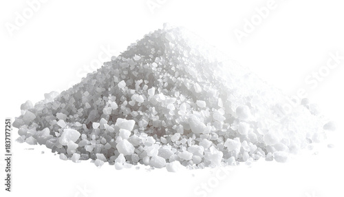 Heap of white, crystalline substance, softly illuminated, appearing as a mound of sparkling, irregular granules