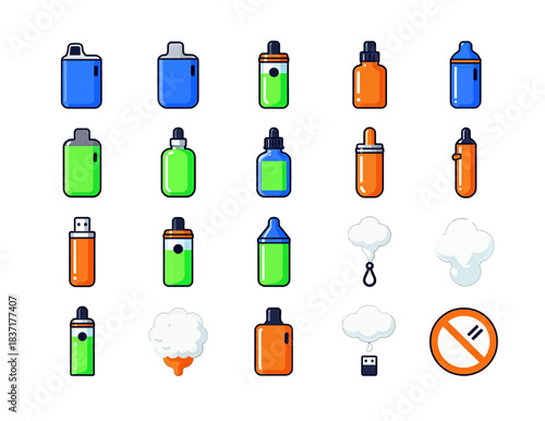 Vaping Devices and E-Liquid Bottles Vector Icons Set