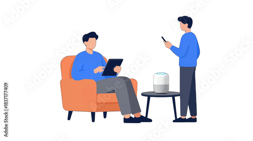 Two Men Using Mobile Devices with Smart Speaker Illustration