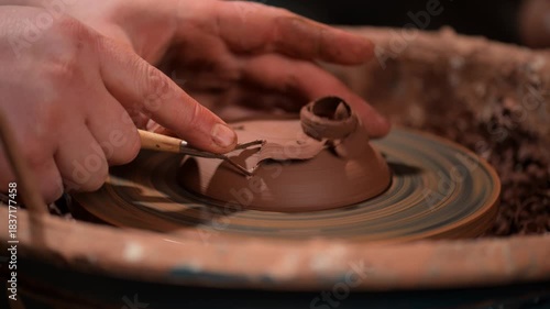 Potter trimming clay pot lid on pottery wheel close-up