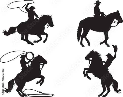 Four black silhouettes of cowboys riding horses in various action poses, including roping and rearing.