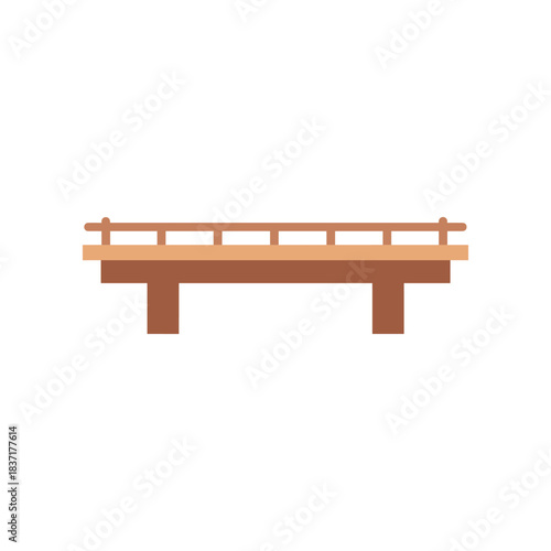 Wooden bridge illustration with handrails and support beams isolated on white background.
