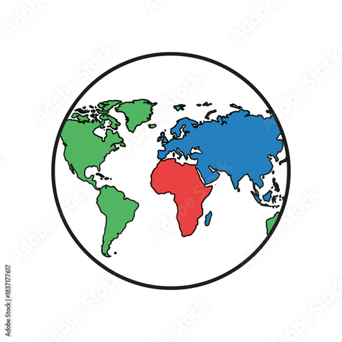 World Map with Continents Highlighted in Different Colors.