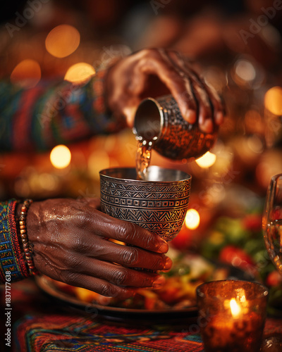 Hands pouring traditional libation liquid into silver unity cup during warm Kwanzaa holiday ceremony