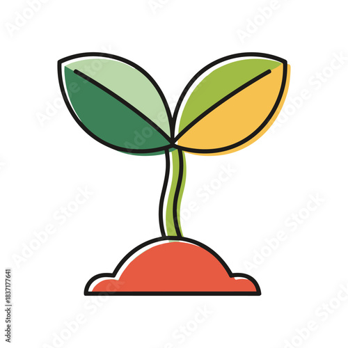 Young plant sprouting from soil with green and yellow leaves.