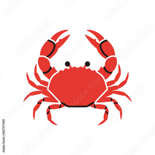 A bright red crab with prominent claws raised in a defensive or aggressive posture.