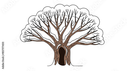 Stylized illustration of a bare tree with white fluffy foliage against a black background creating a graphic artistic impression