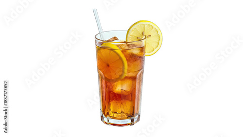 Iced Tea with Lemon and Ice Cubes on White