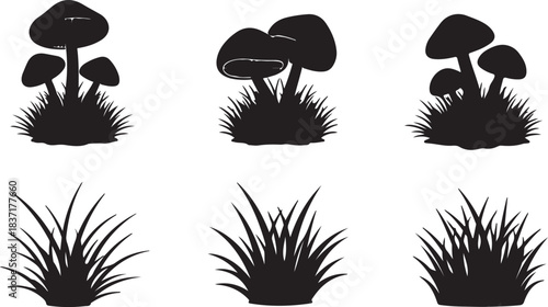 Black silhouettes of mushrooms and grass clumps on a white background, vector art.