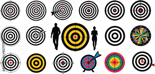 Diverse target icons collection, precision and scoring vector set, dartboard, archery, silhouette goals for aim and achievement design