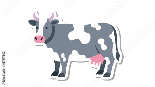 Stylized Gray And White Cow With Pink Udder And Horns Standing On Transparent Background Simple Farm Animal Vector Illustration