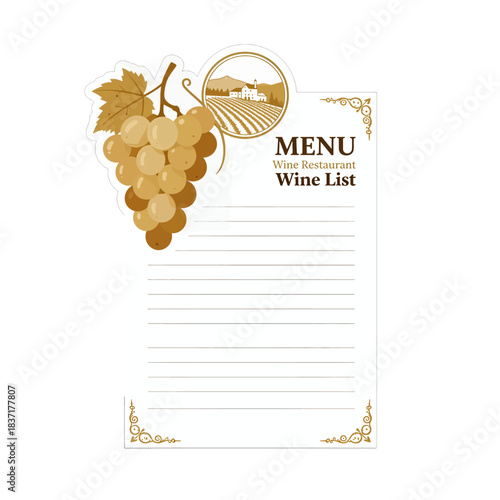 Wine Menu Template with Grapes and Vineyard Illustration