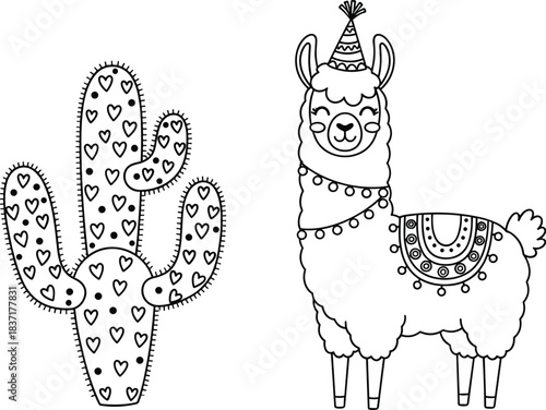 Festive llama and cactus vector illustration, black and white line art, southwestern holiday coloring page design