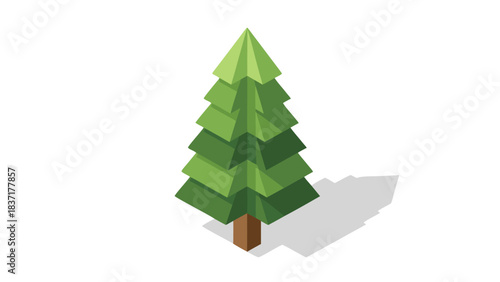 Stylized Green Evergreen Tree With Brown Trunk And Gray Shadow On Black Background Isometric View