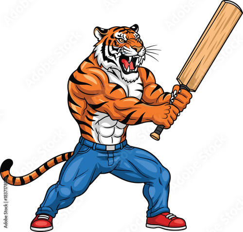 Fierce anthropomorphic tiger character in dynamic pose with cricket bat, muscular body, blue jeans, red sneakers, aggressive expression, sports mascot vector illustration for competitive themes