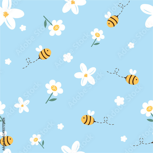Seamless pattern with bee cartoons and cute flower on blue background vector illustration. 
