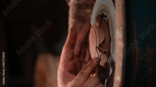 Potter trimming clay pot lid on pottery wheel close-up. Vertical video