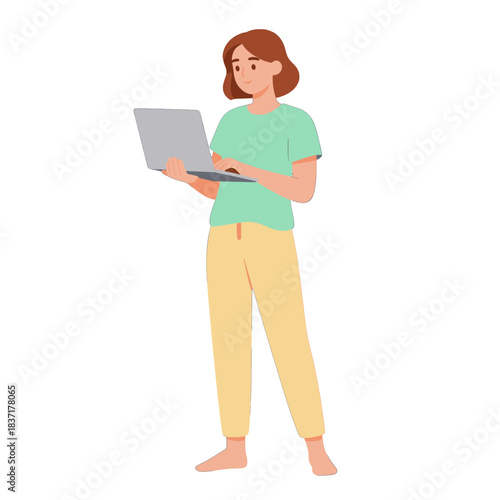 Young Woman Using Laptop Computer Cartoon Illustration