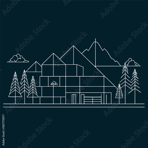 Minimal line-art illustration of a modern house in front of mountains, clean white outlines on a dark background