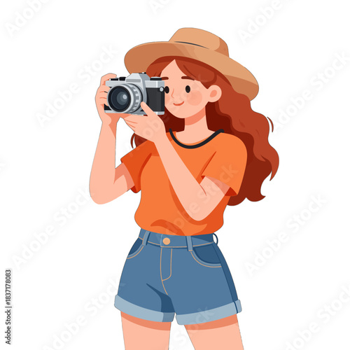 Young Woman Taking a Photo with Camera Illustration