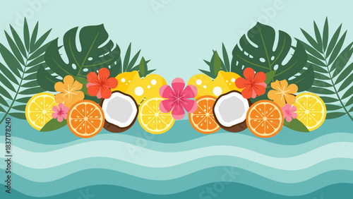 Tropical summer fruits and leaves arrangement on blue wavy background