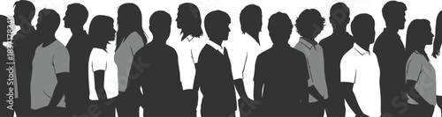 Grayscale silhouettes of diverse people standing in line, ideal for crowd, anonymity, or social-themed vector illustration content