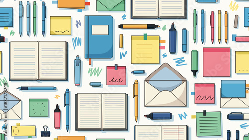 Seamless pattern of office and school supplies notebooks, pens, markers, sticky notes, and envelopes in bright colors