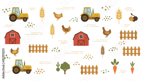 Set of cute farm elements tractor, barn, chicken, wheat, fence, tree, and vegetables seamless pattern