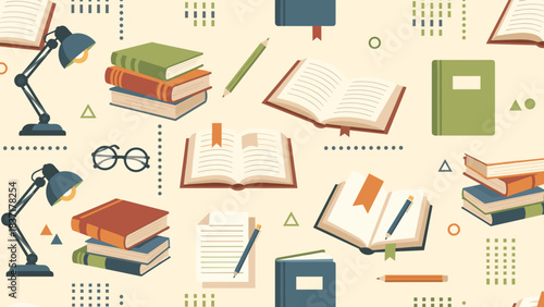 Seamless pattern with books, lamps, glasses, and stationery for education and learning