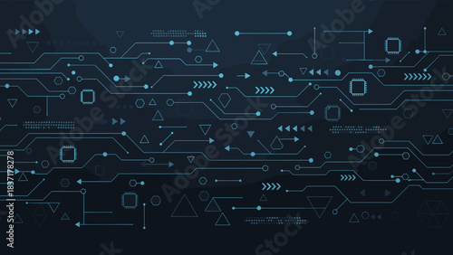 Abstract digital technology background with glowing blue circuit lines and geometric shapes on dark blue