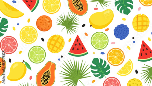 Seamless pattern with tropical fruits and palm leaves, summer background