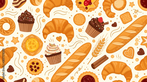 Seamless pattern of various baked goods and pastries, including croissants, muffins, baguettes, and cookies, in a warm, inviting style