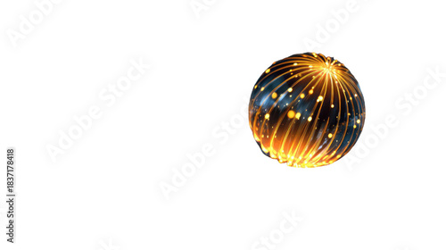 Glowing abstract sphere with swirling golden light trails and radiant floating particles creating luminous futuristic energy effect isolated on white background