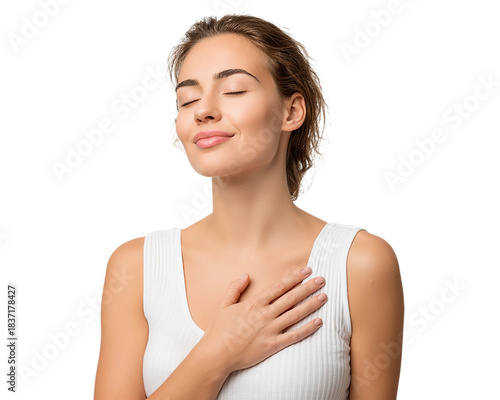 Adult Exhaling Softly with a Gentle Smile on transparent background