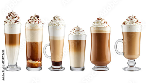 Six glasses of various layered coffees with whipped cream and chocolate sprinkles, against a black background