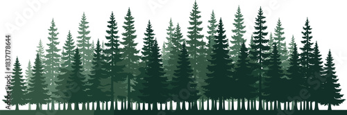 Horizontal forest silhouette of layered green pine trees with depth and symmetry, ideal for nature, landscape, or environmental vector illustration content