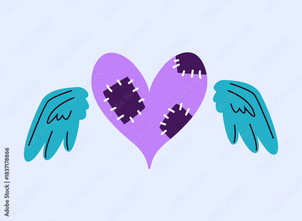 Obraz premium Broken heart sad character face bandage crack isolated set. Vector graphic design illustration