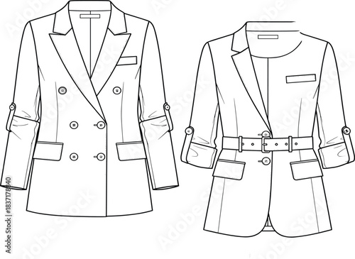 Elegant Women's Double-Breasted Short Blazer Technical Fashion Flat Sketch CAD Drawing with Notched Collar, Roll-Up Sleeves, Flap Pockets, and Adjustable Waist Belt Detail Vector